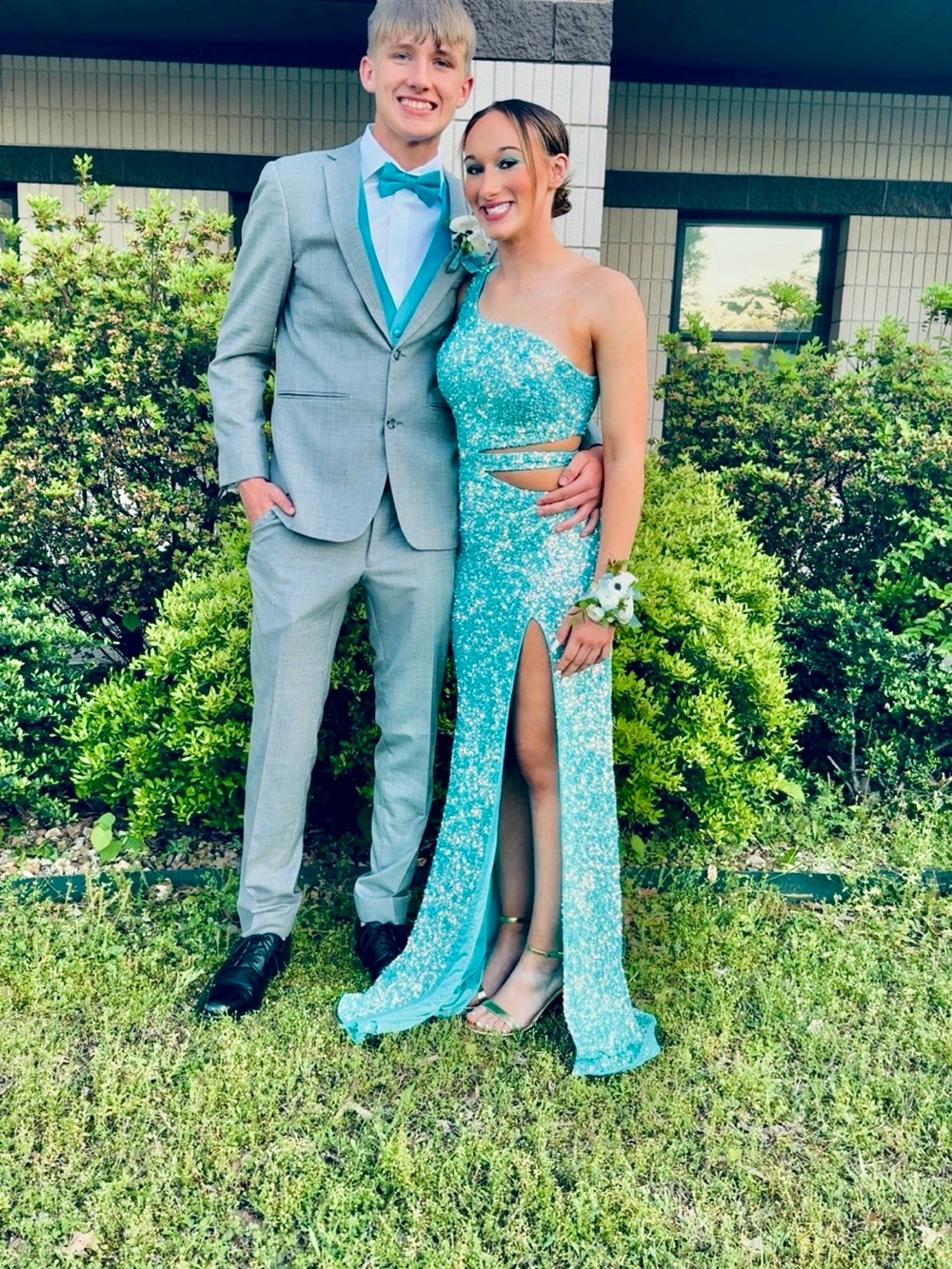 Aqua Sequin One-Shoulder Prom Dress